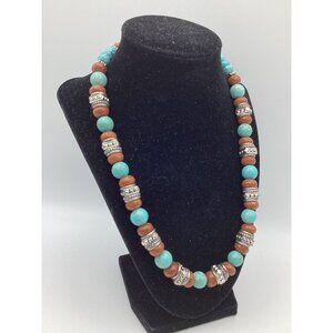Moonstone, Turquoise, Silver Tone Bead Necklace-NOS Estate